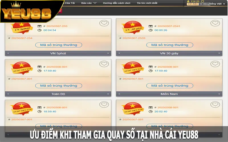 Ưu điểm khi tham gia quay số tại nhà cái Yeu88